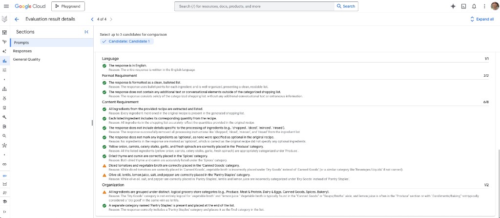 Console Vertex AI : détails du résultat d’évaluation pour le Candidate 1, rubriques Language, Format, Content et Organization avec raisons par critère