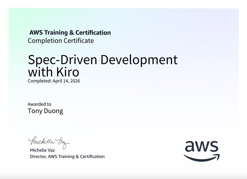 Spec-Driven Development with Kiro completion certificate